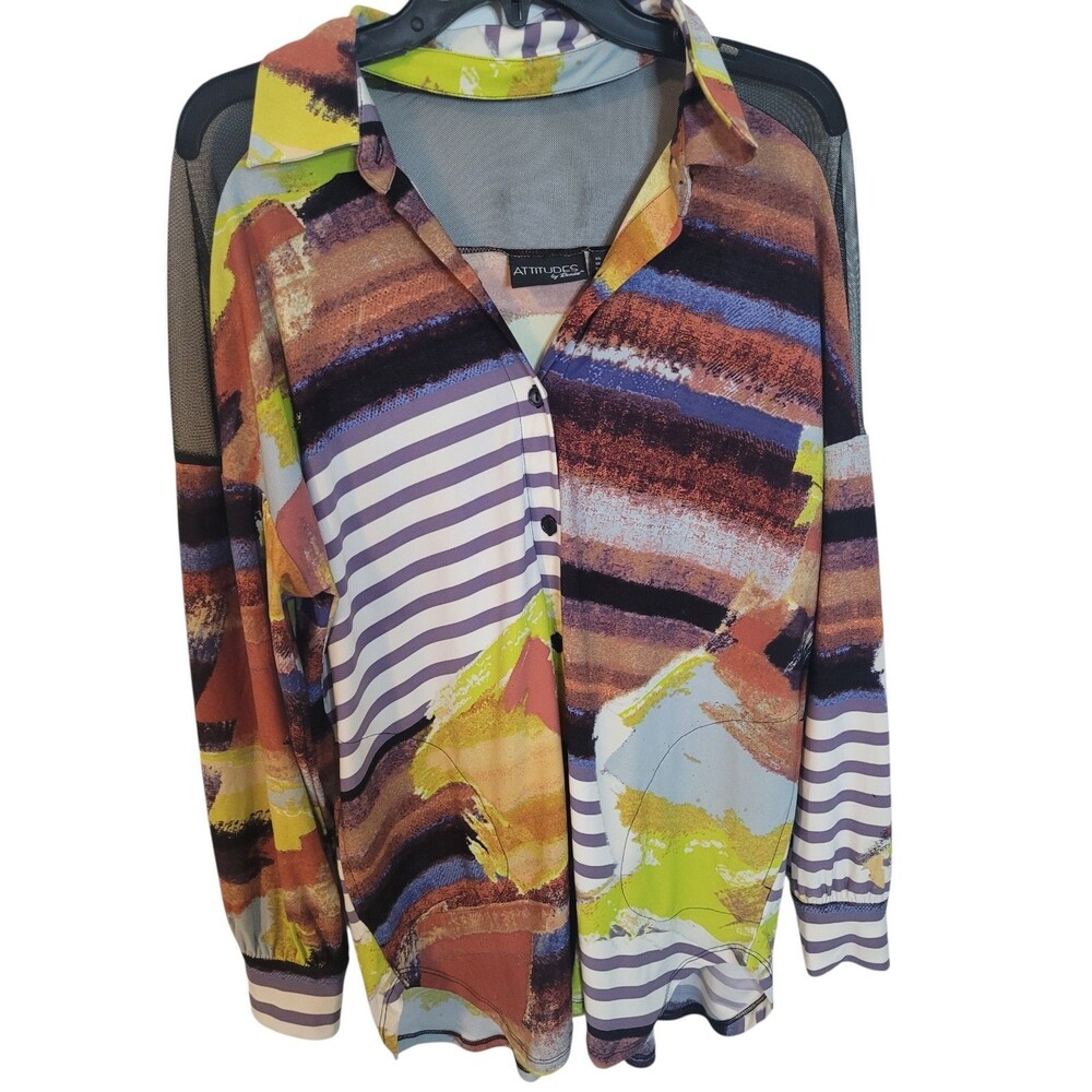 Attitudes by Renee Como Jersey Mesh Shoulder Printed Shirt Size Medium